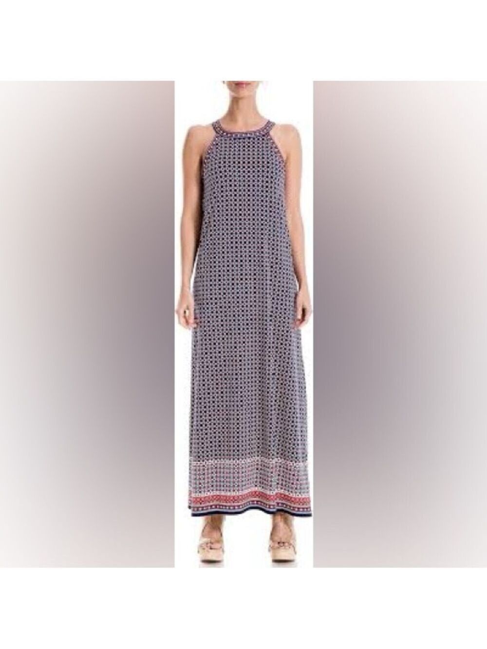 NWT Max Studio geometric Print Dress Size Large Blue Multi Sleeveless /cute back